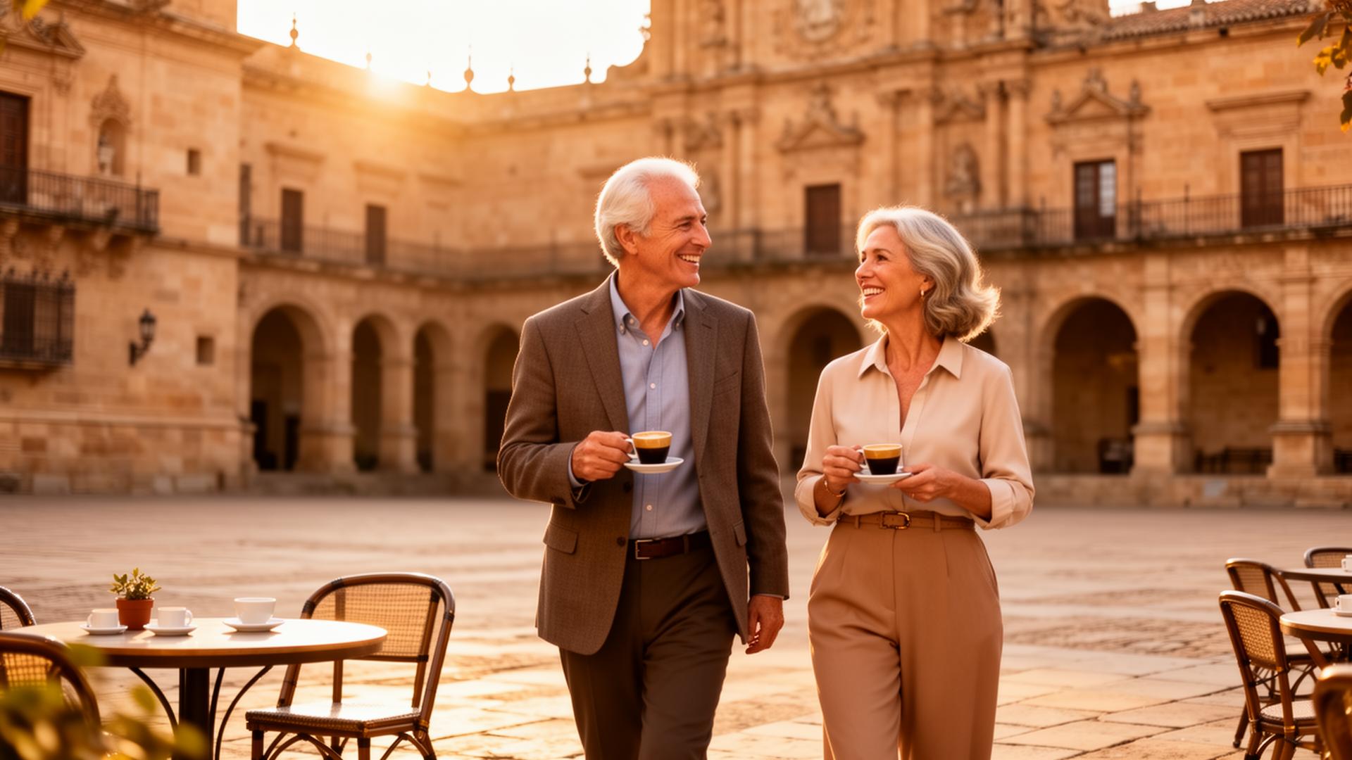 Pareja de adultos 50+ disfrutando de un café en una plaza histórica española al atardecer
