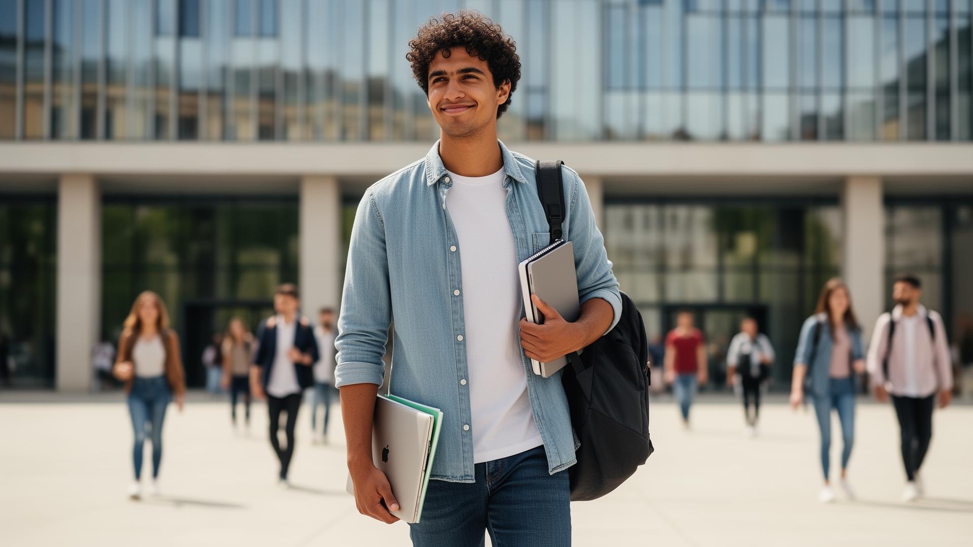 Estudiante universitario sonriente en un campus europeo moderno con laptop y mochila
